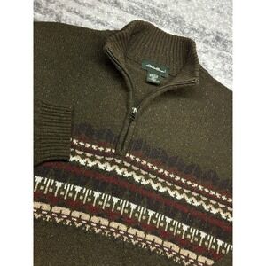 Eddie Bauer Men's XL Green Fair Isle Lambswool 1/4 Zip Wool Pullover Sweater